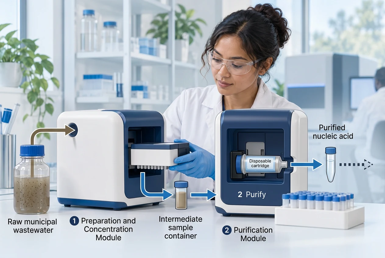 Concept illustration of a laboratory scientist using a two-stage ReadySeq system: raw municipal wastewater enters a preparation and concentration module, a standardized sample transfers to a cartridge-based purification module, and purified nucleic acid exits for the laboratory’s existing library-preparation and sequencing workflow.
