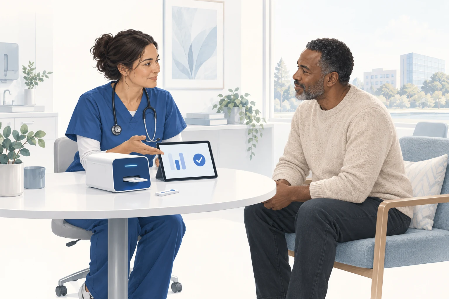 Concept illustration of a clinician discussing a rapid-test result with a patient beside a compact optical reader.